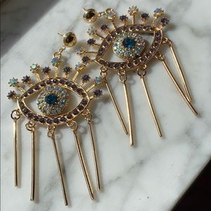 Rhinestone Evil Eye Earrings!  Gold-plated!